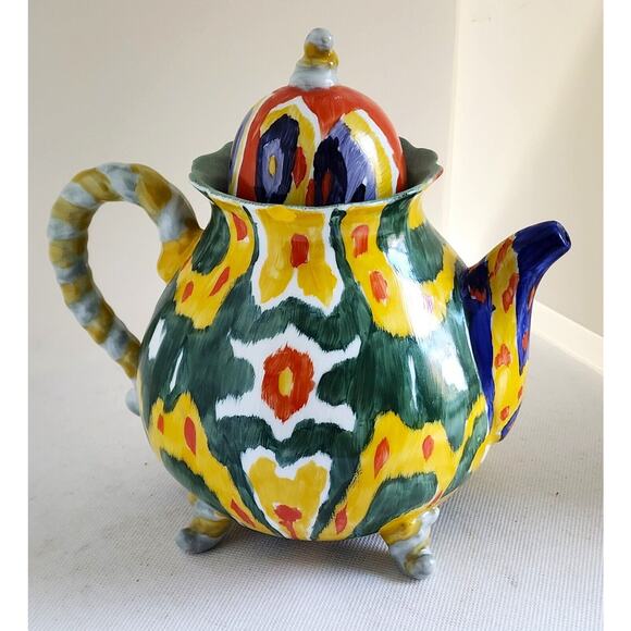 TEAPOT/ANTHROPOLOGY-Blackbird-Green-Yellow-"Tie Dye" Design-Hand Painted-4 cups - Picture 5 of 14